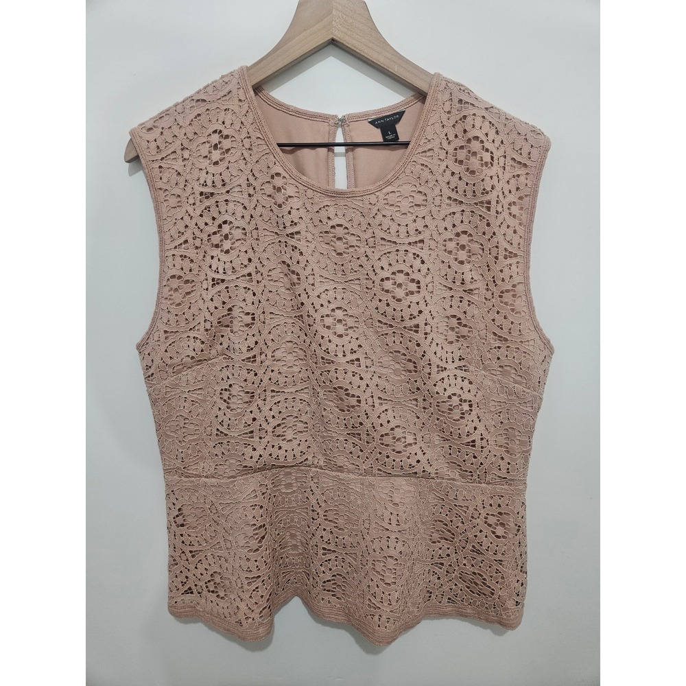 Ann Taylor Pink Floral Lace Peplum Top Sleeveless Crew Neck L Large